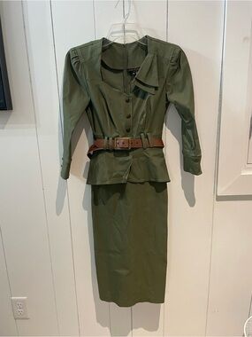 Stop Staring Olive Green Pencil Skirt Set with Brown Belt